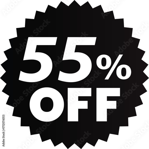 A black starburst seal graphic with white text indicating a 55% off discount for sales and promotions.