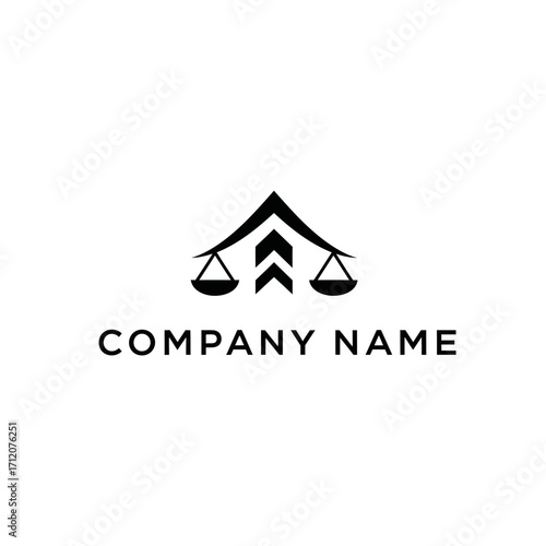 A minimalist black and white logo featuring a stylized house with an upward arrow inside, and scales of justice on either side.