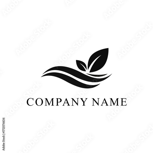 Black and white logo featuring stylized leaves emerging from flowing wave-like lines, representing nature, growth, and organic concepts for a company.