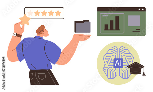Man holding a folder, raising a star toward a rating bar, next to AI technology depicted with a neural network and graduation cap, and data visualization. Ideal for education, productivity, machine