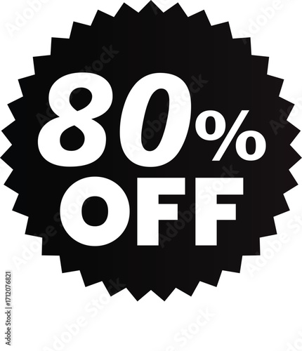A bold graphic of a black starburst sticker with '80% OFF' in white text, signifying a major sale.