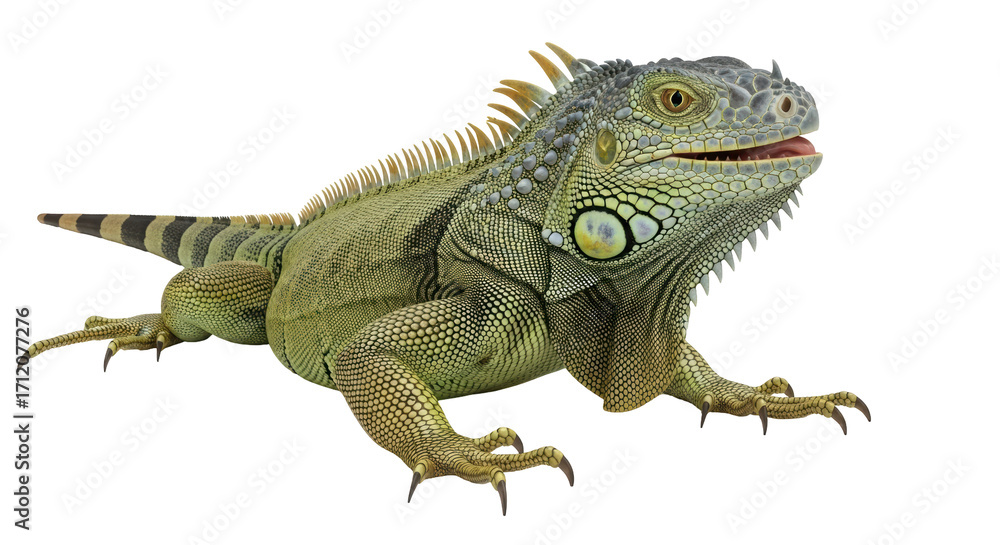 Fototapeta premium Isolated Green Iguana, exotic reptile lizard, wildlife animal with textured skin, close-up