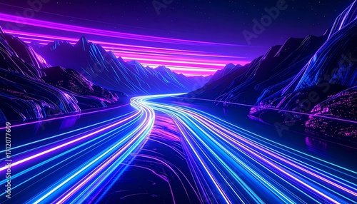 A vibrant, digital landscape with glowing roads