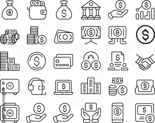 Money Icon Set Black Outline on Transparent Background Finance and Investment Symbol Collection