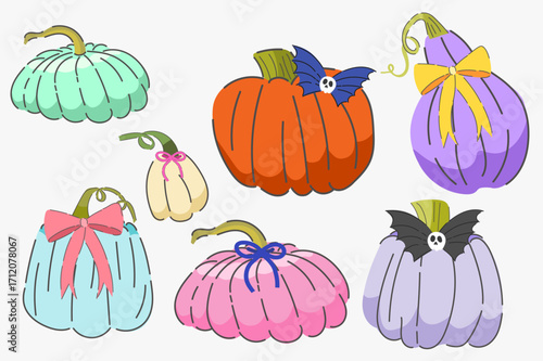 Cute Pastel Pumpkin Set with Bows, Cute Autumn Harvest Illustration, Seasonal Decorative Elements. Celebtation design. Thanksgiving. Halloween. 