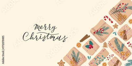 Eco friendly Christmas gift illustration. Festive Background with wrapped boxes. Rustic holiday present vector design. Template for banner card poster winter decor