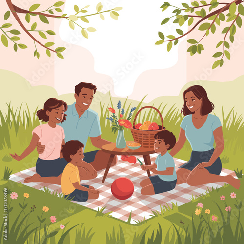Diverse family enjoying a sunny picnic on a checkered blanket in a grassy park Keywords: family