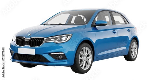 Isolated blue car front view on display for sale in studio, affordable transportation