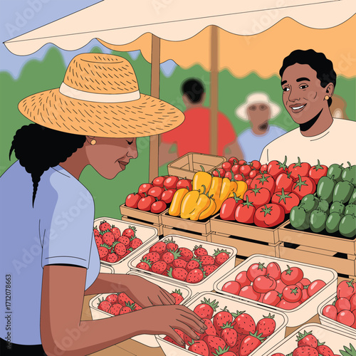 Diverse shoppers at a farmer's market selecting fresh strawberries and vegetables