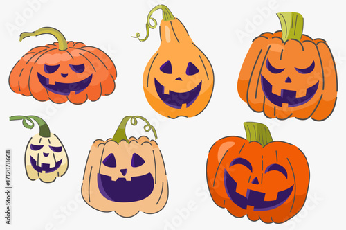 Set pumpkin with emotions on white background. Halloween monster, orange pumpkin  with carved  scary face set on white background. Holiday cartoon character collection for celebration design. Vector s