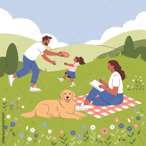 Family and dog enjoying a picnic in a sunny meadow with flowers Keywords: family, picnic, dog