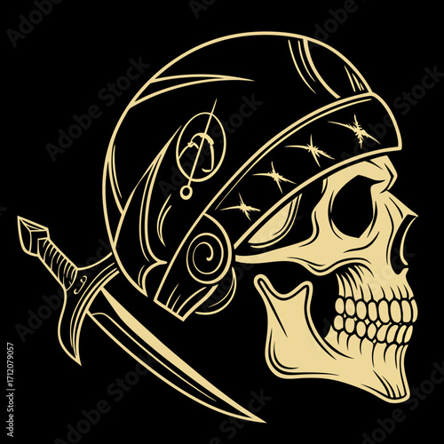 Vector art of a captivating golden skull with a helmet and sword, a symbol of bravery and adventure, set against a stark, evoking a sense of mystery and intrigue