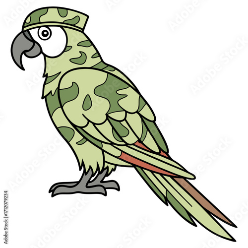 Vector art of a cartoon military parrot stands alert, its plumage adorned with camouflage patterns, a whimsical yet disciplined avian soldier