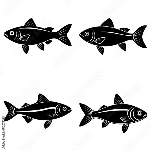 Four stylized black fish swimming in different directions in a symmetrical arrangement on white background