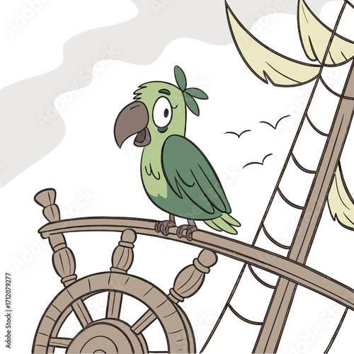 Vector art of a cartoon parrot with a leaf on its head sits on the helm of a pirate ship, with sails and a cloudy sky visible in the background of this charming illustration