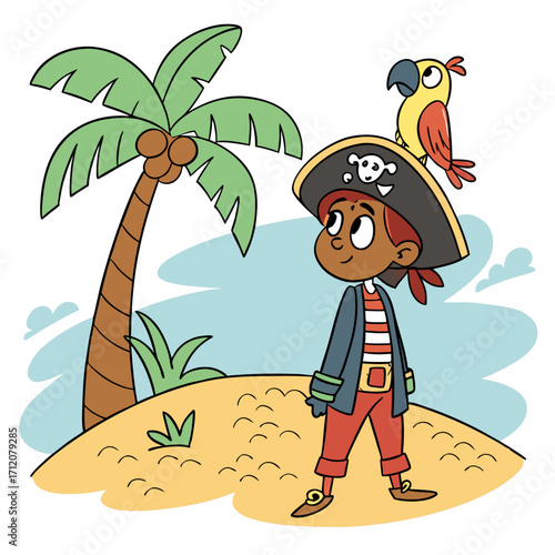 Vector art of a cartoon pirate boy with a parrot on his head stands on a sandy island with a palm tree, looking out at the sea, creating a whimsical and adventurous scene