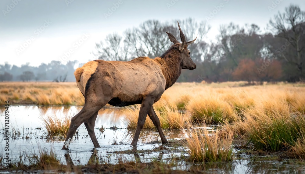 Naklejka premium Majestic Elk in Autumn Wetlands.