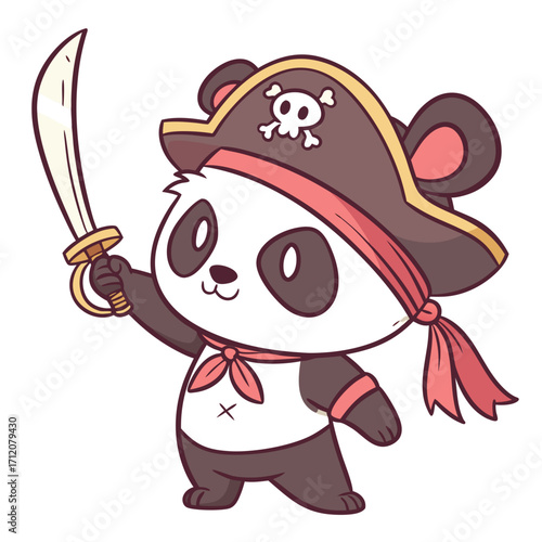 Vector art of a charming cartoon illustration of a panda dressed as a pirate, complete with a hat, eye patch, and sword, perfect for childrens books
