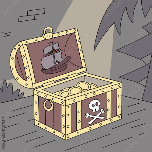 Vector art of a cartoon treasure chest, overflowing with gold coins, sits open in a mysterious cave, hinting at hidden riches and pirate adventures