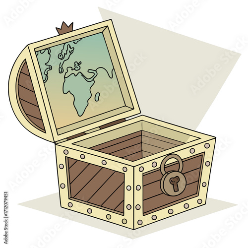 Vector art of a charming cartoon illustration of an open treasure chest with a world map inside, symbolizing exploration, discovery, and the allure of hidden riches