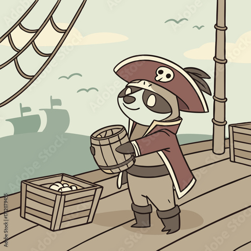 Vector art of a charming cartoon illustration of a raccoon pirate on a ship deck, holding a barrel, with a treasure chest nearby, set against a backdrop of sailing ships and clouds