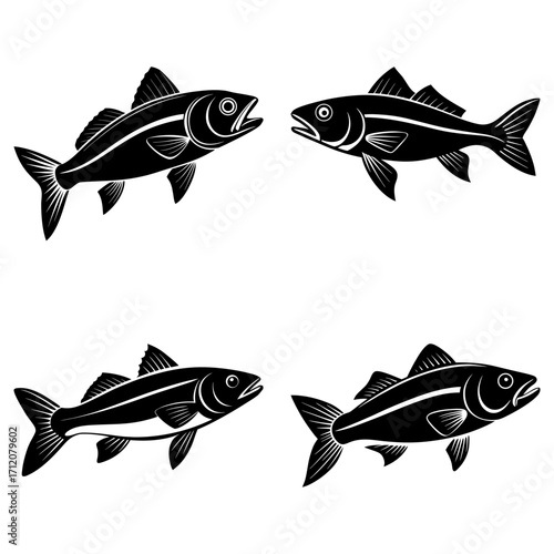 Four stylized fish illustrations in black and white showing different angles and orientations of the fish 100