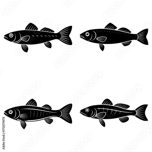 Four stylized fish in black and white with varying details and fin placements on a white background