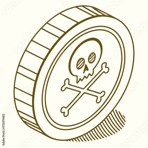 Vector art of a pirate coin with a skull and crossbones design, symbolizing treasure and adventure in a classic nautical theme