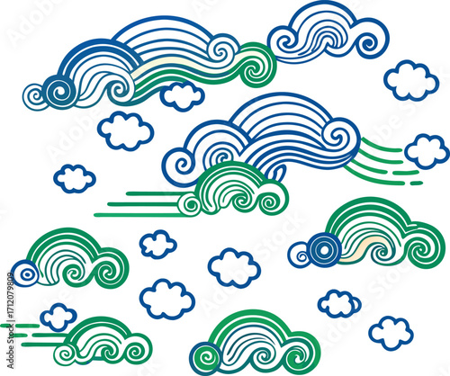 Whimsical Sky of the Imaginations: A delightful illustration presents a set of clouds with stylized blue and green, embodying imagination and lightheartedness, perfect for adding a touch of fantasy. 