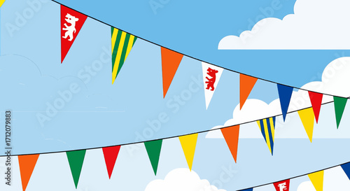 Colorful bunting flags hanging against a blue sky background