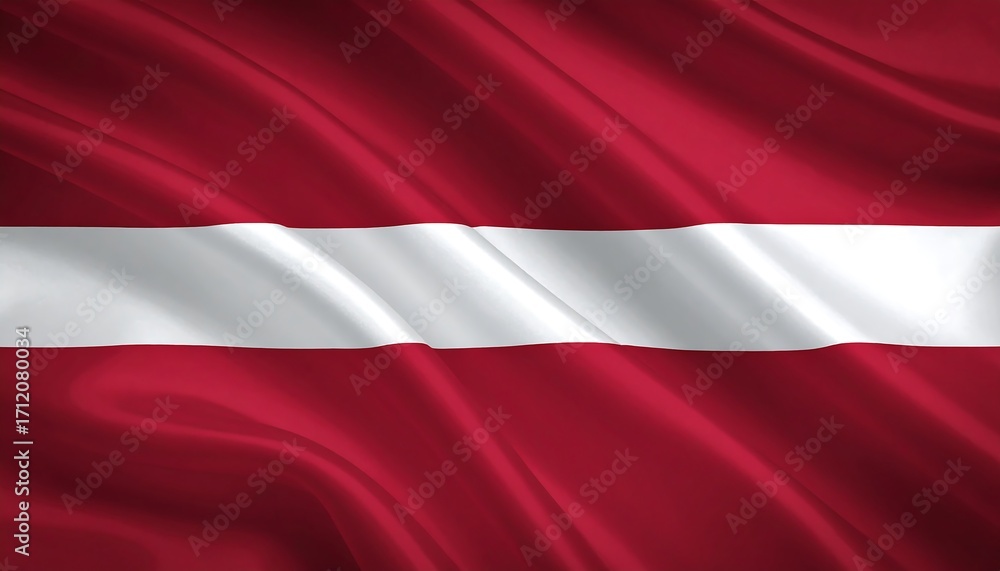 Fototapeta premium Latvia flag with deep red and white horizontal bands waving dynamically, symbolizing national pride, resilience, and cultural identity.