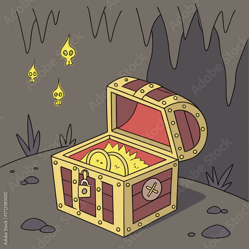 Vector art of a treasure chest is open in a cave, filled with gold coins and jewels, with stalactites hanging from the ceiling and glowing orbs floating in the air
