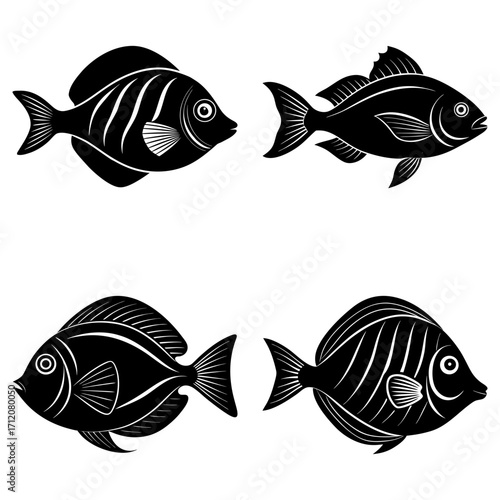 Four black and white stylized fish illustrations with varying fin and body shapes on a white background