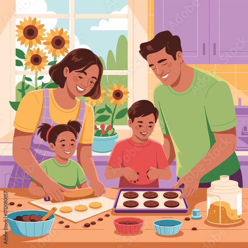 Family baking cookies together in a bright kitchen cooking