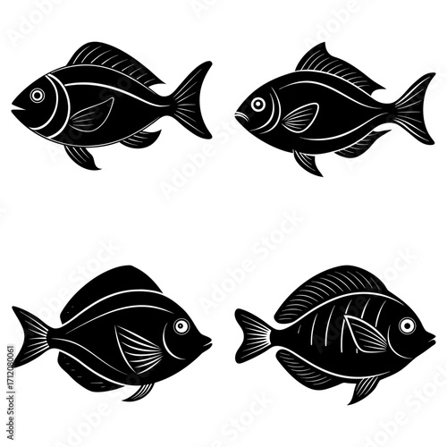 Four stylized black fish illustrations with distinct fin and body shapes arranged symmetrically