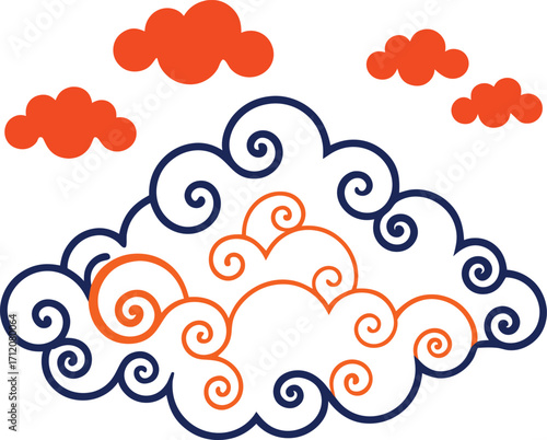 Whimsical Cloudscape: A delightful illustration of clouds in shades of blue, orange, and white, evoke a sense of playfulness and wonder. 