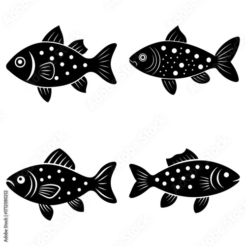 Illustration of four black fish with white spots swimming in different directions on a white background