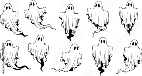 Playful cartoon ghosts in various poses, perfect for Halloween fun and spooky decorations.