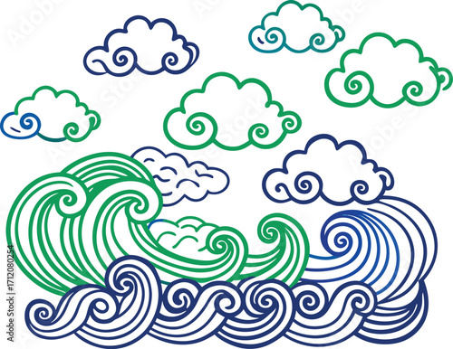 Oceanic Whispers: Artistic depiction of rolling ocean waves and fluffy clouds. evoking a sense of serenity and the raw power of nature. 