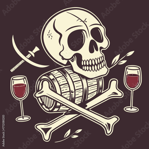 Vector art of a whimsical pirate themed design featuring a skull, crossbones, wine barrel, wine glasses, and a pickaxe, evoking a sense of adventure and revelry on the high seas