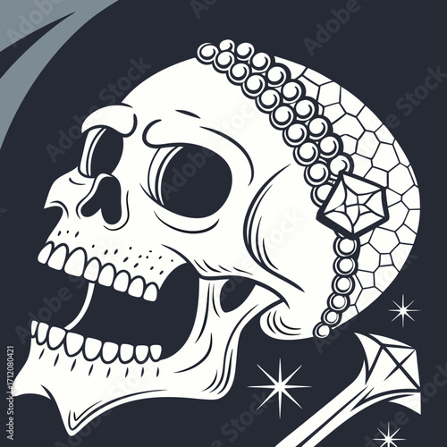 Vector art of an ornate skull adorned with jewels and pearls, blending macabre imagery with opulent elegance, symbolizing mortality, beauty, and the fleeting nature of life