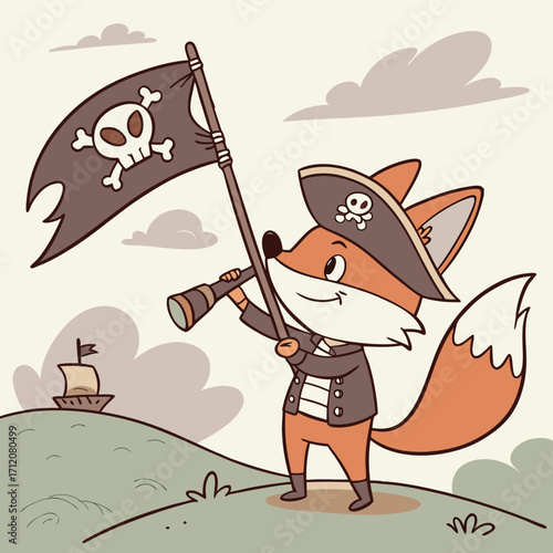 Vector art of fox pirate with flag and spyglass on a hill, overlooking a ship, embodying adventure, exploration, and the spirit of the high seas in a whimsical style