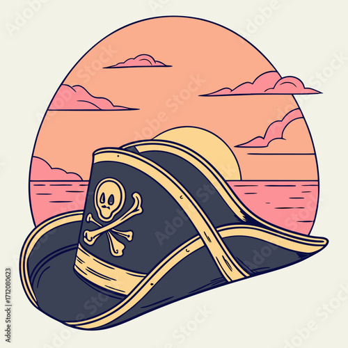 Vector art of pirate hat with skull and crossbones against a sunset backdrop, evoking a sense of adventure, treasure hunting, and the allure of the high seas