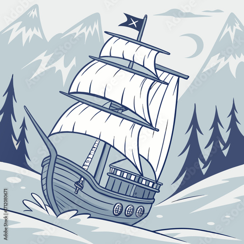 Vector art of pirate ship sailing through icy waters with mountains in the background the ship has a skull and crossbones flag