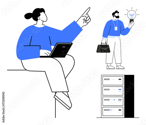 Person with laptop pointing upwards, professional holding lightbulb near servers. Ideal for teamwork, innovation, technology, data management, creative problem-solving, business strategy, simple flat
