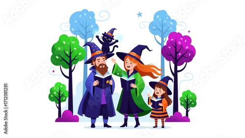Magic Family in Magical Forest: a cartoon of a witch family reads a book with happy face and their black cat in magical forest under blue sky and stars.