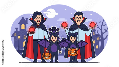 Spooktacular Halloween Family Portrait: A joyous family dressed in vampire and bat costumes gathers in front of a haunted mansion under a moonlit sky.