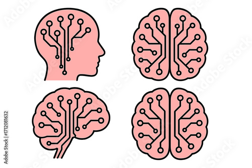 AI brain icon set. Artificial intelligence and machine learning concept. Human head silhouette with computer circuit board. Neural network, mind process, technology vector.