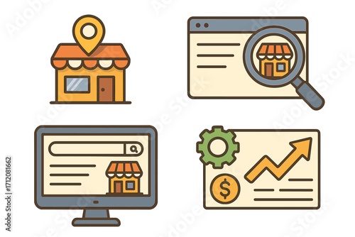 Local SEO business marketing concept. Icons for store location, search engine ranking, online visibility and website analysis. Digital strategy for growth and profit.