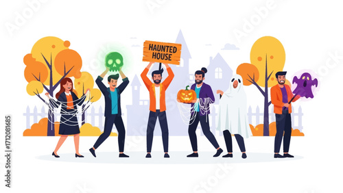 Halloween Gathering: A group of people joyfully come together, adorned in creative costumes, carrying themed props, set against a backdrop of autumn trees and spooky elements.